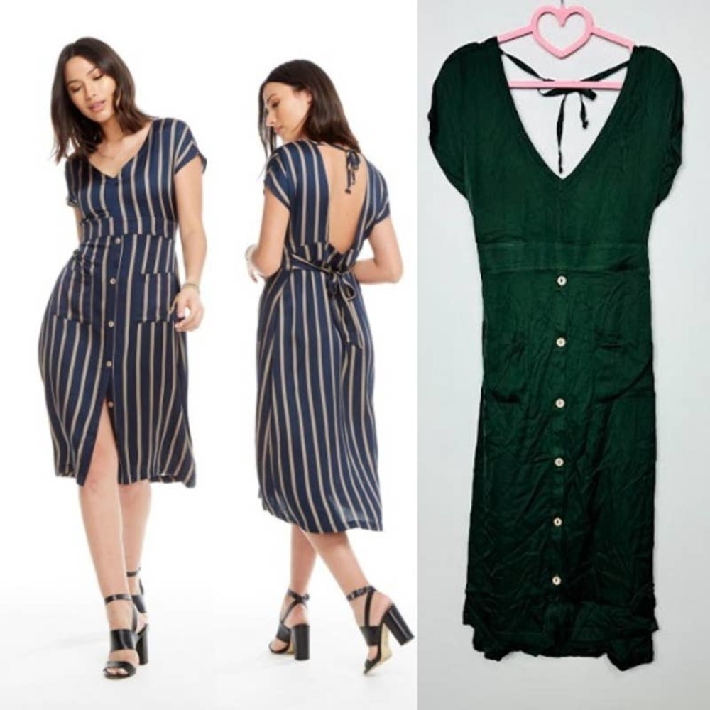 Chaser NWT Silky Basic Button Front Cap Sleeve Open Back Midi Dress Green Small